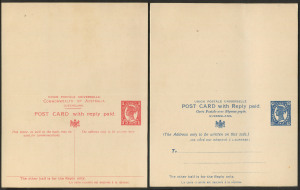 QUEENSLAND - Postal Stationery: Reply Postal Cards: 1911 1d +1d and 1&frac12;d+1&frac12;d blue on ivory stock HG:20-21, both superb unused.