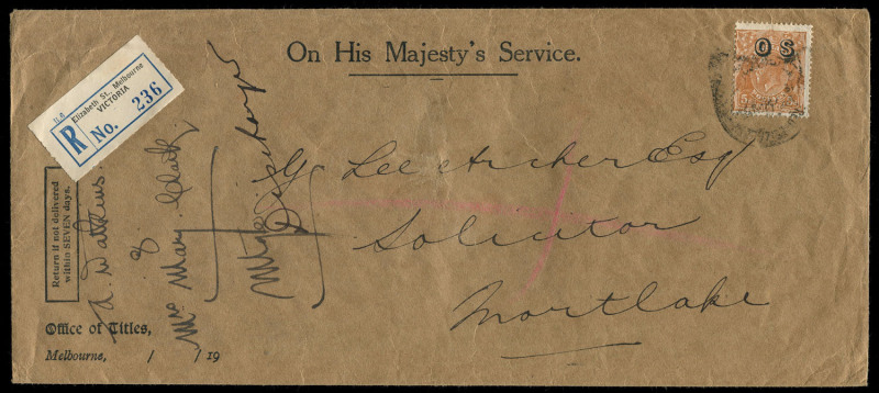 COMMONWEALTH OF AUSTRALIA: KGV Heads - CofA Watermark: 5d Orange-Brown optd 'OS' BW:127(OS) rare solo franking on 1933 (Jul 6) Office of Titles registered cover from Melbourne to Mortlake, Elizabeth St black/blue registration label, arrival backstamp. Rar