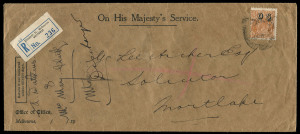 COMMONWEALTH OF AUSTRALIA: KGV Heads - CofA Watermark: 5d Orange-Brown optd 'OS' BW:127(OS) rare solo franking on 1933 (Jul 6) Office of Titles registered cover from Melbourne to Mortlake, Elizabeth St black/blue registration label, arrival backstamp. Rare stamp on commercial cover, Cat. $750.