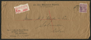 COMMONWEALTH OF AUSTRALIA: KGV Heads - Single Watermark: 4½d Violet perforated OS solo franking tied by ELIZABETH ST (Melbourne) datestamp to 1929 (Aug 31) Office for Stamp Duties registered cover from Melbourne to Colac, red/white registration label, arrival backstamp. Extremely scarce on cover, BW:118b - Cat $400 (on cover).