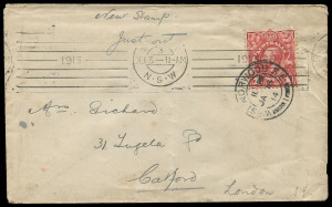 COMMONWEALTH OF AUSTRALIA: KGV Engraved Issues: 1d Carmine-Red BW:59C (with Retouch to upper frame at right) tied by SYDNEY 'DE13/1913' machine cancel to cover to UK endorsed "New Stamp/Just out", West Norwood (London) arrival datestamps on face and on reverse; also 1914 (Mar 25) Howard Davis (stamp dealer) cover to his mother in Birmingham with 1d Pale Red (marginal example) & 1d Rose-Red BW:59A&B tied by Melbourne machine cancel; some minor aging/blemishes on both covers.