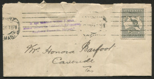 COMMONWEALTH OF AUSTRALIA: Kangaroos - Third Watermark: 2d Grey perforated OS variety "Scratch under 'P' of 'POSTAGE" [2R10] BW:7ba(2)g tied to Australian Military Forces Pay Branch folded letter by 18JAN21' Hobart machine cancel, on face 'If not claimed 