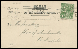 COMMONWEALTH OF AUSTRALIA: KGV Heads - No Watermark: 1d Green perforated OS tied by MELBOURNE '21MY/1925' machine cancel to Department of Health OHMS postcard addressed to Shire of Minhamite, Hawkesdale, card in pristine condition, BW:79ba - $400 (on cove