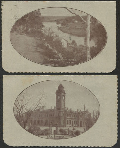 COMMONWEALTH OF AUSTRALIA: Postal Stationery: Lettercards:1918-20 KGV 1½d Brown Sideface on Grey Surfaced Card (Off-white inside) P12½ x2 showing scenes 'GPO Hobart' or 'Hawkesbury River/NSW' BW:LC44(58A&62), both cards used in 1921 and uprated with ½d green KGV following increase in the letter rate (from Oct 1 1920), both sent from Brisbane to Nestles Anglo-Swiss Condensed Milk Co in Toogoolawah (Qld), Cat $200.