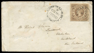 NEW SOUTH WALES - Postal History: 1859 (Oct.13) cover from Blayney (NSW) to New Zealand with imperf 6d greyish brown Diadem Wmk '8' SG.96a tied by SYDNEY datestamp, BLAYNEY, BATHURST & SYDNEY transit backstamps, AUCKLAND 'OC28' arrival datestamp on face, small opening tear and some flap damage, stamp has been lifted (for watermark confirmation) and hinged back into position.