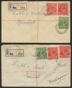 QUEENSLAND - Postal History: 1930s registered covers (5) all with provisional use of blank blue/black registration labels comprising Maclagan (with datestamp on registration label), others marked in manuscript "Dareel" or "Lowmead" both in pencil, and Mt Colliery (Tannymorel) or Kogan both in pen, all but one addressed to Cribb & Foote (retailers, Ipswich), the other addressed to Brisbane; all covers with appropriate backstamps, condition variable.