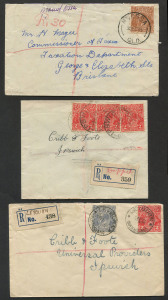 QUEENSLAND - Postal History: 1930s registered covers (6), all but one with provisional use of blank registration labels in blue/black (2) or blue (3), all labels marked in manuscript for "Dappil", "Grandchester", "Leyburn", "Maroon" or "North Arm"; also Mt Ossa to Brisbane without registration label marked "Mount Ossa" & "R.30" (in red) at upper left; two covers are addressed to Cribb & Foote (retailers, Ipswich), the other four addressed to Brisbane; all covers with appropriate transit backsta