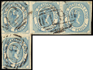 1853 (SG.4) 1d Blue Courier, early impression on thin hard white paper: an irregular strip of 4 [1,2,3,7] with very good margins all around, touching left side and cancelled BN '61' of Hobart. Cat.&pound;4800+Provenance: Burrus (1962)