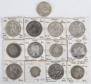 Coins - World: Small Collection of foreign silver coins including Botswana 1988 Olympic Games 5 Pula proof, Latvia 1932 5 Lati, Malta 1963 Scudo plus uncirculated 1975 £2 & £4 and 1976 £4, Mexico 1892 8 Reales, Russia 1898 Rouble, plus 5 other items; circulated coins are generally F/VF.