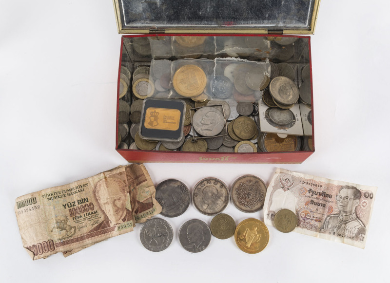 Coins - World: Mostly circulated array of world coins in old Spratt's dog biscuit tin, mostly minors noted Australia 1927 Canberra Florin, 1915 San Francisco Exposition medallion (tarnished), few other medallions. Might surprise, no reserve. (qty),