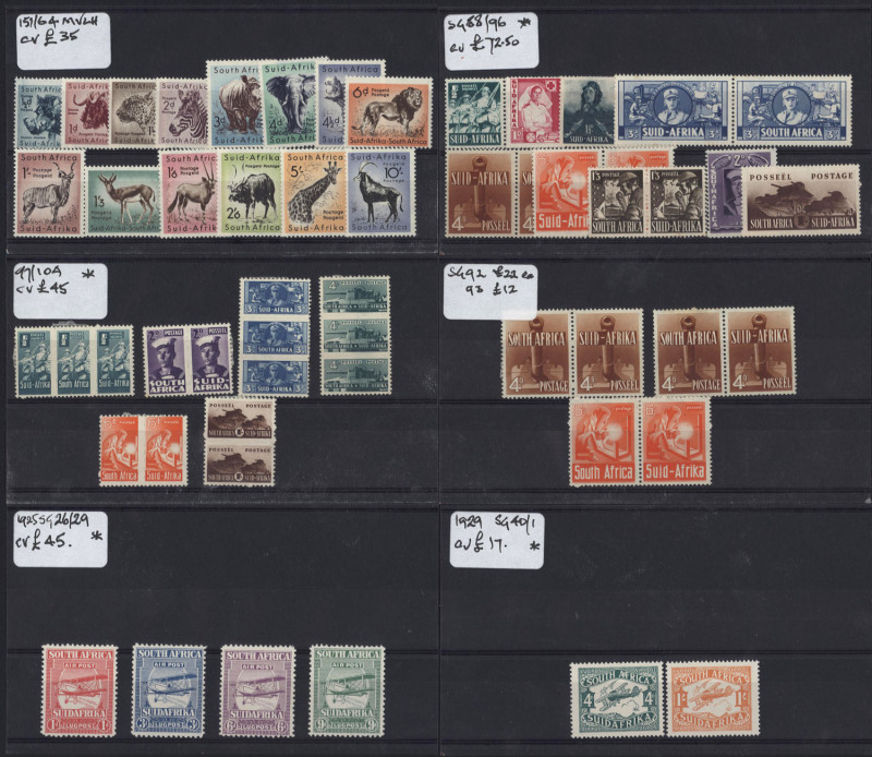 SOUTH AFRICA: South Africa & SWA Accumulation in stockbook with some better items including 1925 Air Set mint, 1927-56 Pictorial pairs to 2/6d used, 1936 JIPEX ½d & 1d M/Ss on separate FDCs, 1941-46 War Effort set plus extra 4d pairs (x2) & 6d, SWA 1935-