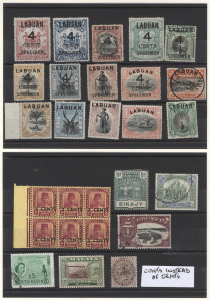 MALAYA: Accumulation crammed into stockbook including Labuan with 'SPECIMEN' overprints, North Borneo 1954-59 $5 used, Malaya & States with Trengganu 1941 2c on 5c marginal block of 6 MUH; also Brunei, Sarawak, FMS, Malaysia, Straits Settlements plus str