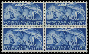 ITALY: 1948-2000s mint and used collection with plenty of better items including 1949 Venice set mint, 50l UPU block of 4 (lower units MUH, Cat €400+), 100l Romana used, Marshall Plan MUH, 1950 Radio Conference MVLH and used, 1952 60l Aeronautic block of 4 MUH, other 1950s sets mint and/or used, 2003 Caproni 52c with major colour shift MUH, plus lots of 1960s-90s sets in blocks of 4 MUH; generally fine. Good lot. (100s)