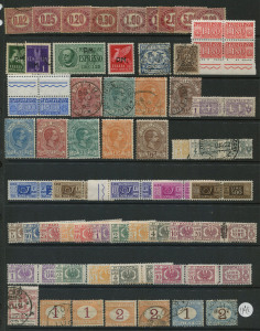 ITALY: Back-of-the-book array with 1875 Officilals to 10l mint/unused (2c used), 1884 Parcel Post 20c (Cat €300) to 1.75l mint, 1870-94 1l to 10l Postage Dued used; also Venezia Giulia 1918 Overprints 1c to 1l mint plus 1c Overprint inverted; plus tax stamps, etc; also 1943-45 Patrioti valle Bormida cinderellas set unused, condition variable. (100+)