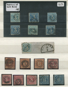 GERMAN STATES: Collection with Bavaria imperf Numerals 1849 3k blue (7, one on piece), 1850-58 1k (2), 6k (3), 1862-63 Colour Change 3k (2) & 6k (2), Arms imperfs to 7k, perforated to 2m plus 3m mint & used, 1911-13 Leopold to 2m (2) plus 3m 'BASF' perf