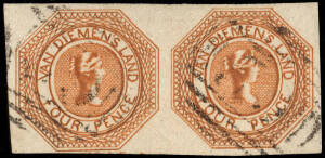 1853 (SG.5) 4d Bright Orange, Plate I first state; a fine full margined pair lightly cancelled. Mounted on Amundsen auction page as prepared by Stanley Gibbons. Cat.&pound;1800. (2).Provenance: Amundsen