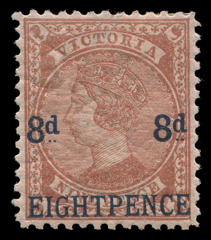 VICTORIA: 1876 (SG.191) 8d on 9d lilac-brown/pink, well centred, mint o.g, with small patch of gum loss/abrasion at top (slight thin), Cat. £650. Rare stamp mint.