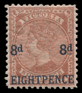 VICTORIA: 1876 (SG.191) 8d on 9d lilac-brown/pink, well centred, mint o.g, with small patch of gum loss/abrasion at top (slight thin), Cat. £650. Rare stamp mint.