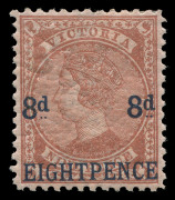 VICTORIA: 1876 (SG.191) 8d on 9d lilac-brown/pink, well centred, mint o.g, with small patch of gum loss/abrasion at top (slight thin), Cat. &pound;650. Rare stamp mint.