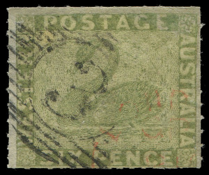 WESTERN AUSTRALIA: 1860-64 (SG.32) rouletted 6d sage-green, rouletting evident on all sides, Bars '3' cancel & a lightly struck datestamp in red. Very nice example, Cat £750.