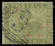 WESTERN AUSTRALIA: 1860-64 (SG.32) rouletted 6d sage-green, rouletting evident on all sides, Bars '3' cancel & a lightly struck datestamp in red. Very nice example, Cat &pound;750.