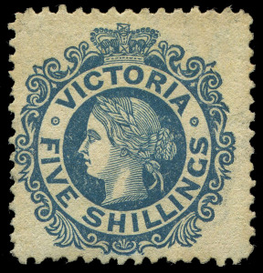 VICTORIA: 1867-81 (SG.139) Laureates 5/- blue/yellow, unused, re-gummed, Cat. &pound;4000. Rare.