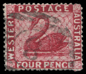 WESTERN AUSTRALIA: 1876-81 (SG.74) Wmk Crown CC, perforated 14, 4d carmine, fine used, guarantee handstamp on reverse, Cat. £120.