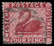 WESTERN AUSTRALIA: 1876-81 (SG.74) Wmk Crown CC, perforated 14, 4d carmine, fine used, guarantee handstamp on reverse, Cat. &pound;120.