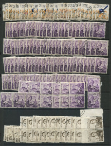 COMMONWEALTH OF AUSTRALIA: General & Miscellaneous: 1929-60s pre-decimal accumulation with heaving duplication including 3d Air Mail (100+), 3d Vic Centenary (50+), 3d SA Centenary (120+), 2/- Royal Visit (80+, including 7 pairs); decimals with Navigators $2 (100+, including seven pairs & strip of 3), $4 (32 including thirteen pairs) Paintings $4 Roberts (45), $10 Roberts (25), etc. Good lot for variety and postmark hunters.