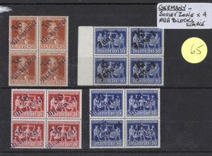 GERMANY: WEST GERMANY: 1970s-80s M/Ss and sheetlets MUH or used plus a few FDI presesentation cards; also also WWII Russian Zone Currency Reform handstamped blocks of 4 (x4), three with dubious Michendorf overprints. (70+ items)