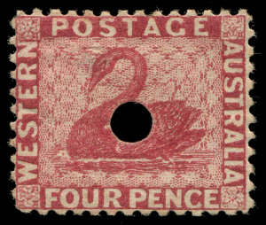 WESTERN AUSTRALIA: 1882-85 (SG.84) perf 12 4d carmine, commissariat puncture, shallow thin under hinge, few faint spots on gum, deep colour, Cat. £300.