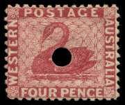 WESTERN AUSTRALIA: 1882-85 (SG.84) perf 12 4d carmine, commissariat puncture, shallow thin under hinge, few faint spots on gum, deep colour, Cat. &pound;300.