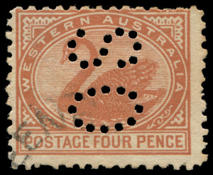 WESTERN AUSTRALIA: 1905-12 (SG.154a) Wmk Crown/Double-Lined A 4d pale chestnut perf OS, perf.11, few nibbed perfs & mild tonespots, BW:W37b - $400. Rare.