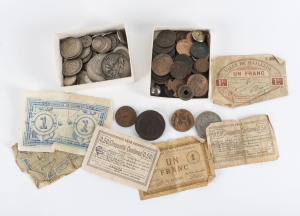 Coins - World: World circulated accumulation predominantly 1890s/early1900s with silver including USA 1890 Morgan Dollar (New Orleans), South Africa 1896 2/-; also Great Britain 1797 Cartwheel Penny and France silver plated Eiffel Tower 'Souvenir de L'Ascension' medallion, others from Belgium, France, Germany, Hong Kong & Philippines, plus a few banknotes in poor condition. May reward closer inspection. (qty)