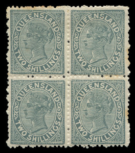 QUEENSLAND: 1882-91 2/- perforated plate proof block of 4 in dull grey-green on gummed watermarked paper, a few peripheral rust spots, large-part o.g. Rare, a single example sold for $250+ in a 2005 Sydney auction.