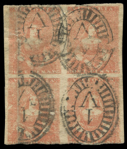 VICTORIA: 1854-57 (SG.27) Campbell & Fergusson 1d orange-brown block of 4, ironed vertical crease at left, slightly cut-into at base, otherwise complete margins, Barred Oval '1' cancel of Melbourne, presents well. Rare multiple, particularly in this sha