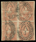 VICTORIA: 1854-57 (SG.27) Campbell & Fergusson 1d orange-brown block of 4, ironed vertical crease at left, slightly cut-into at base, otherwise complete margins, Barred Oval '1' cancel of Melbourne, presents well. Rare multiple, particularly in this sha