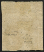 VICTORIA: 1854-57 (SG.27) Campbell & Fergusson 1d orange-brown block of 4, ironed vertical crease at left, slightly cut-into at base, otherwise complete margins, Barred Oval '1' cancel of Melbourne, presents well. Rare multiple, particularly in this sha - 2