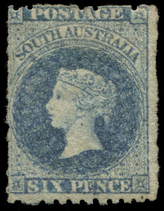 SOUTH AUSTRALIA: 1867-70 (SG.57) 6d Prussian blue, large-part og, expertising handstamp on reverse, Cat. £1000. Rare.