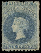 SOUTH AUSTRALIA: 1867-70 (SG.57) 6d Prussian blue, large-part og, expertising handstamp on reverse, Cat. &pound;1000. Rare.
