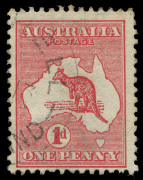 COMMONWEALTH OF AUSTRALIA: Kangaroos - First Watermark: 1d Red (Die 1) WATERMARK SIDEWAYS (Crown pointing to the right), single nibbed perf, very fine used, BW:2aa - Cat. $450.