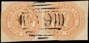1853 (SG.6) 4d Bright brownish-orange Courier Plate I first state: a nice pair with large to good margins and touching at top. Neatly cancelled with BN '60' of Launceston. Cat.&pound;2200.
