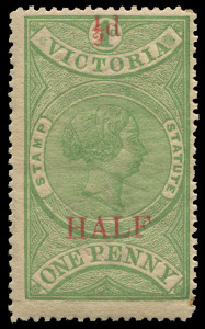 VICTORIA: 1884 (SG.234) &frac12;d on 1d Stamp Statute, full unmounted original gum, very scarce thus, retail $450+.