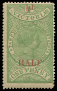 VICTORIA: 1884 (SG.234) &frac12;d on 1d Stamp Statute, full unmounted original gum, very scarce thus, retail $450+.