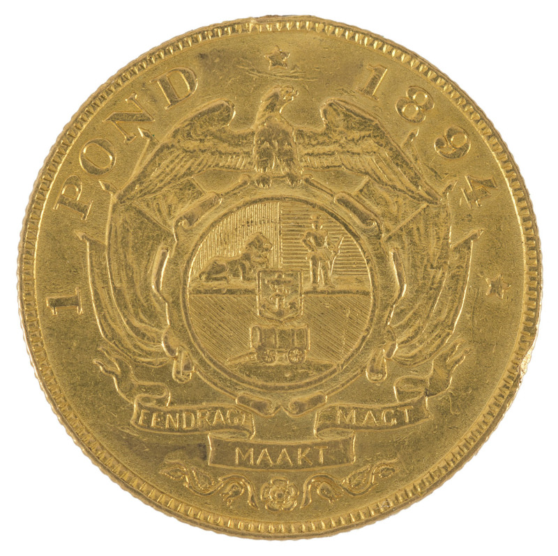 Coins - World: South Africa - coins: SOUTH AFRICA: 1 Pond gold, 1894, 7.98grams of 916/1000 gold, F/VF, in small presentation box.