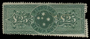 VICTORIA: 1884-1900 (SG.280c) Recess-printed £25 deep green, misperforated with "Double perforations" at right, faded pen cancel. Rare variety for this issue.