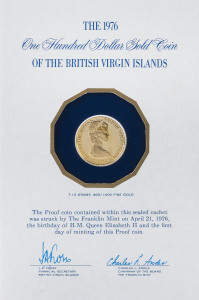 Coins - World: British Virgin Islands - Coins: BRITISH VIRGIN ISLANDS: 1976 Queen's Birthday $100 Proof in Franklin Mint presentation wallet, 7.1grams of 900/1000 fine gold, Unc.