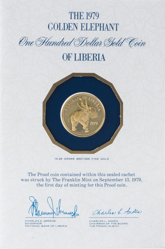 Coins - World: Liberia - Coins: LIBERIA: 1979 Golden Elephant $100 Proof in Franklin Mint presentation wallet, 11.2grams of 900/1000 fine gold, Unc.