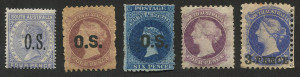 SOUTH AUSTRALIA: 1870s-90s mint selection with 1870-71 3d on 4d ultramarine SG.93 misperforated (Cat. £375), 1876-1900 4d dull purple P10x11½-12½ SG.138; Officials 1874-77 6d bright blue SG.O9 (few clipped perfs, no gum, Cat. £300), 1876-85 4d mauve P10x