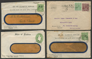 COMMONWEALTH OF AUSTRALIA: Postal History: 1920-44 Official covers with 1920 (Dec 10) Botanic Garden OHMS cover to England with ½d green perforated 'OS' BW:65ba (Cat. $150 on cover) plus 1½d brown perforated 'OS'; 1932-33 Water Supply Commission window envelopes x2 one with SMult 1d P13½x12½ perforated 'OS', the other with CofA KGV 1d optd 'OS' (Cat. $100 on cover), both wth a few tonespots; also 1944 use of KGVI 1½d green PTPO Stationery Envelope for Shire of Flinders.
